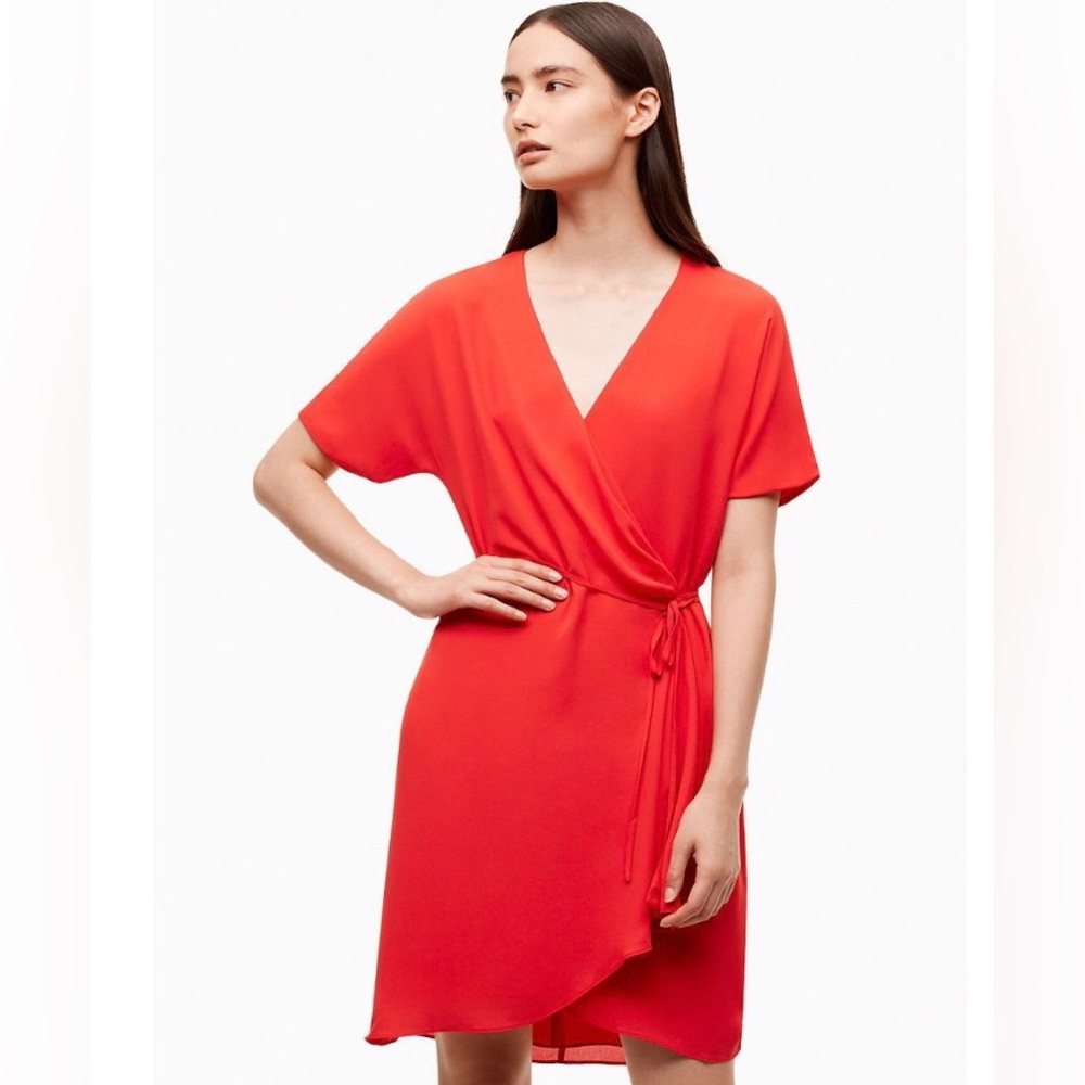 Babaton Aritzia Wallace V-neck Short Sleeve Wrap Mini Dress Hi Low Hem Size XXS